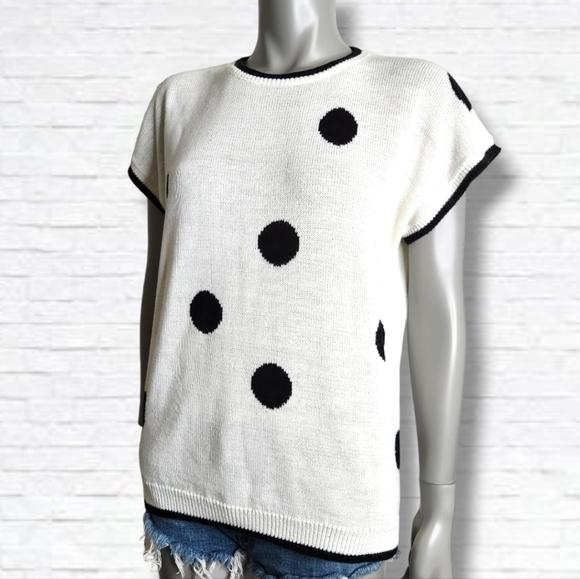 Vintage Tops - Vintage "Surrey Classics" Black Polka Dot Short Sleeve Knit Top Size XL